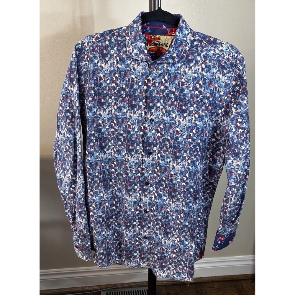 Sloane Mens  Red White Blue Abstract Long‎ Sleeve Collared Button-Up Shirt Small